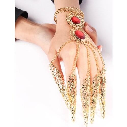 Fashion Indian Thai Golden Finger Bracelet Shining Red Crystal Girls Belly Dance Bracelet Jewelry