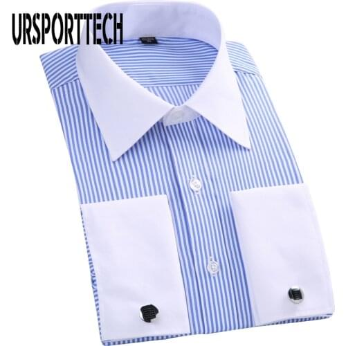 Men Long Sleeve Shirt Spring Striped Men French Cufflinks Casual Shirt White Collar Design Mens French Cuff Dress Shirts M-6XL