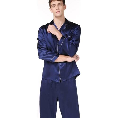 100% Mulberry Silk Men Pajama Sets Noble Notch Collar Full Sleeves Top with Full-Length Pant with Elastic Waist Pajamas sp0140