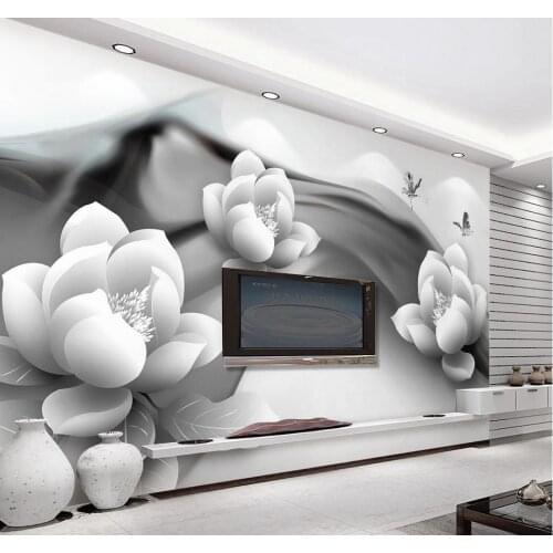Custom any size Black and white ink lotus butterfly simple 3d TV backdrop 3d murals wallpaper for living room