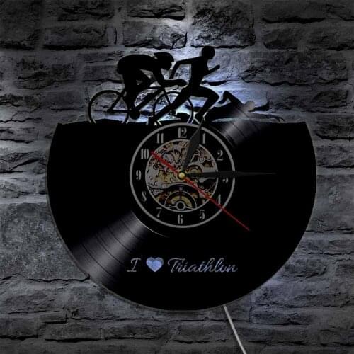 Triathlon Wall Clock Sports Swimming Running Cycling Vinyl Record Clock with LED Light Athlete Home Decor Sports Lovers Gifts