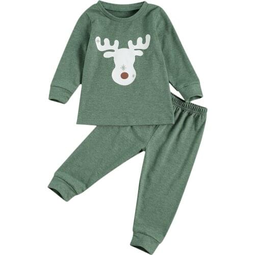 FOCUSNORM 0-4Y Christmas Baby Girls Boys Pajama Sets Cartoon Deer Print Long Sleeve Pullover Tops Pants 2pcs