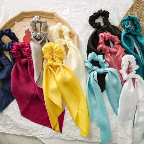 Fashion Leopard Solid Bow Satin Long Ribbon Ponytail Scarf Hair Tie Scrunchies Women Satin Elastic Hair Bands Hair Accessories