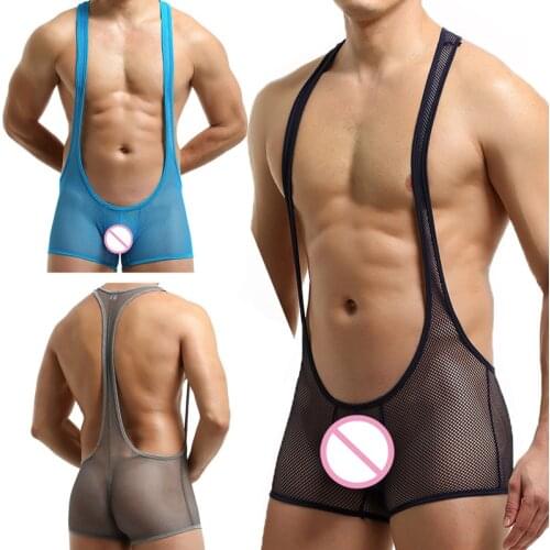 Sexy Mens Bodysuits Undershirts Mesh Transparent Jumpsuits Shorts Wrestling Singlet One-piece Leotard Lingerie Gay Underwear