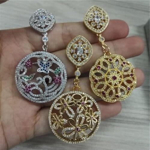 Trendy pure gold color round charms pave green blue wine red crystal and shine cz zirconia beads dangle earring for women