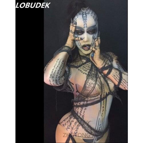 Halloween Scary Costumes 3D Pattern Printing Bodysuit Nightclub Bar Party Role Performance Clothing Novelty Women DS Stage Wear