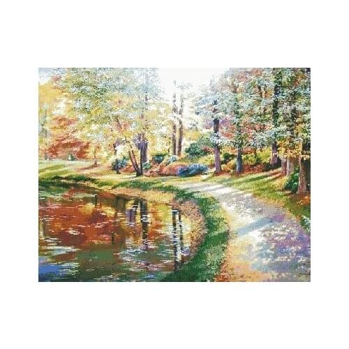 Top Quality pastoral lovely counted cross stitch kit colorful forest sunny day, forest trail lake river country