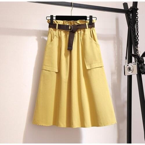 Midi Knee Length Summer Skirt Women With Belt 2019 Spring Casual Cotton Solid High Waist Sun School Skirt Female