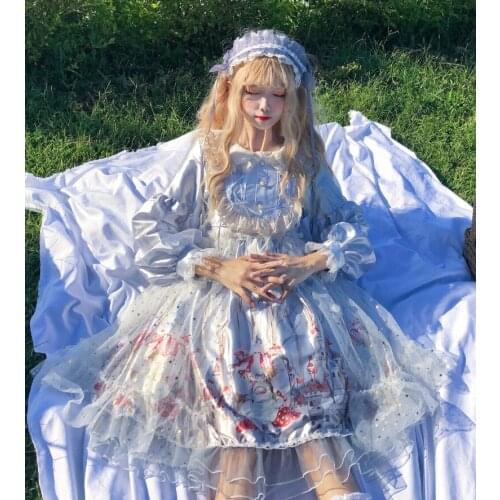 Dream Castle Sweet Womens Lolita OP Dress Long Sleeve Dress Peter Pan Collar Princess Dress Bows Trim One Piece