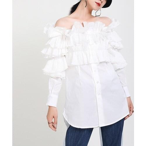 Johnature New Fashion Sexy Off Shoulder Ruffles Womens Tops And Blouses 2021 Autumn Loose Irregular Female Shirts