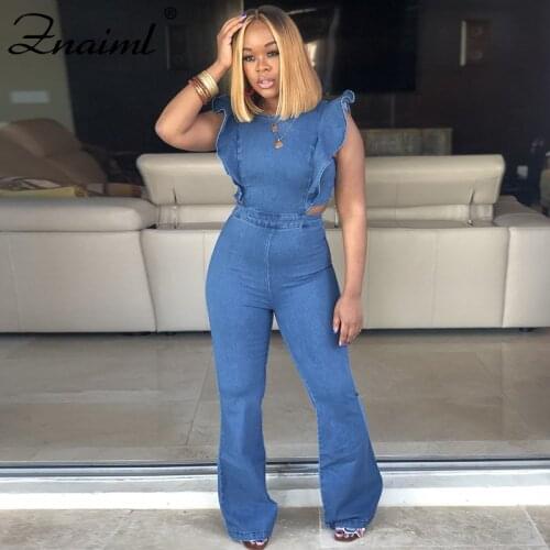 Znaiml Backless Sleeveless Ruffles Blue Denim Overalls Jumpsuit Rompers Women Flare Pants Casual Streetwear Female Jeans Pants