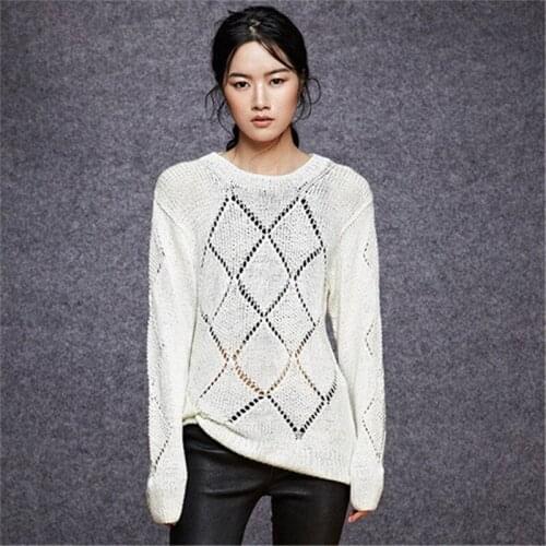 100% hand made pure cotton hollow out knit women fashion Oneck thin loose pullover sweater retail wholesale customized