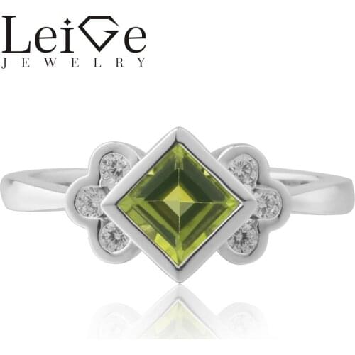 Leige Jewelry Real Peridot Ring Square Cut Green Gemstone Engagement Rings For Woman Sterling Sliver 925 August Birthstone