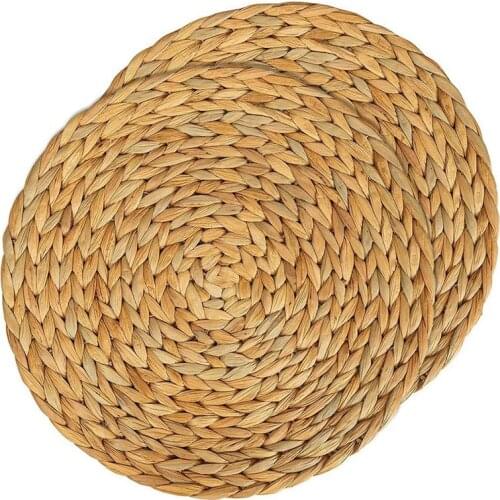 2 Pcs Woven Placemats,Natural Water Hyacinth Weave Placemat Round Braided Rattan Tablemats