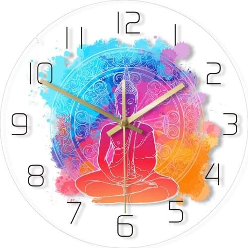 Watercolour Printed Buddha Meditating Wall Art Decorative Wall Clock Yoga Room Acrylic Wall Watch Meditation Gift For Buddhism