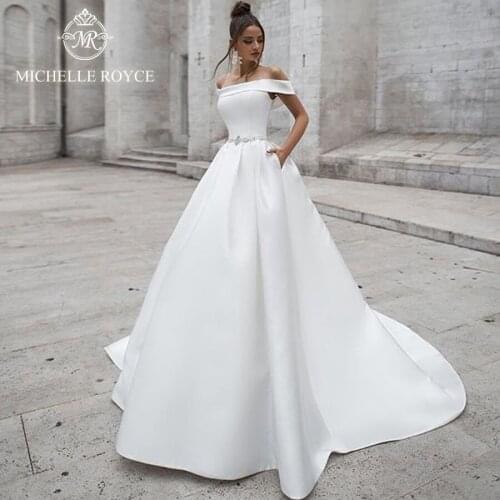 Michelle Royce Ball Gown Wedding Dresses 2020 Boat Neck Off The Shoulder Lace Up Chapel Train Wedding Gowns Vestido De Noiva
