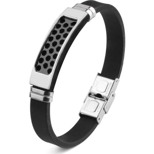 Stainless Steel Bracelet For Men Wrist Band Black Silica Gel Grooved Rudder Mesh Punk Wristband Casual Bangle 2021 New Fashion