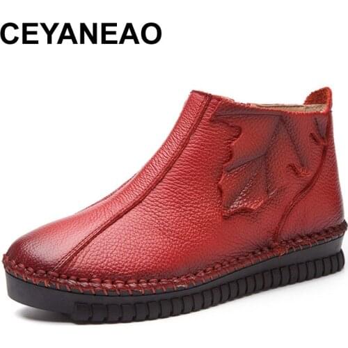CEYANEAO Plus Size 35-43 Autumn Winter Women Boots Soft Genuine Leather Flat Ankle Boots Women Warm Casual Shoes Zip Short Boots