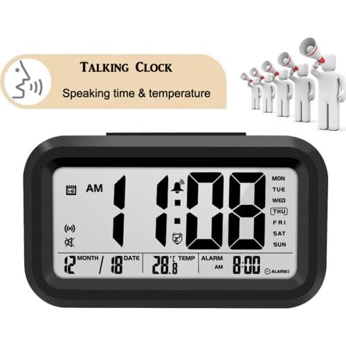English Talking Clock Speaking Time and Temperature Digital Bedroom Snooze Alarm Clock with Thermometer for Kid Children Wake Up