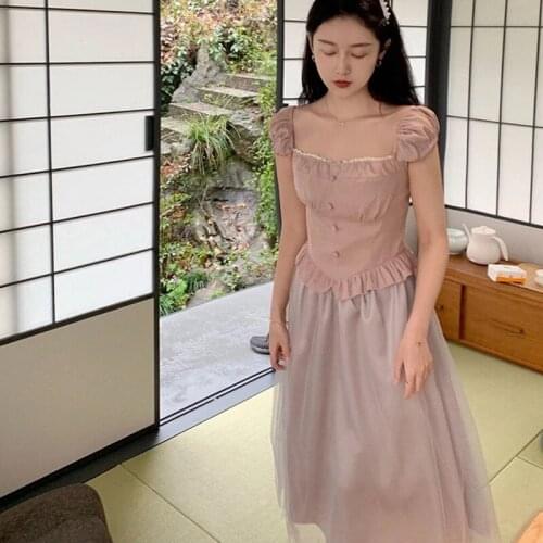 Hstar Retro Square Neck Fairy Mesh Patchwork Cute Kawaii Long Chic Dress Vintage Party Vestidos 2021 Summer New Womens Dress