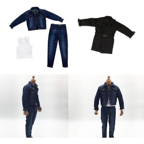 MagiDeal 1/6 Jacket Male Pants Rude Body Denim Jeans Pants Coat Long Jacket for 12'' ZY ZC Toys Dragon DML Doll Action Figures