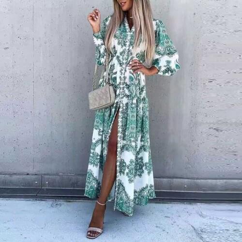 Summer Sexy V Neck Button Split Party Dress Vintage Printed Lady Boho Maxi Dress Women Elegant Drawstring Waist Beach Long Dress