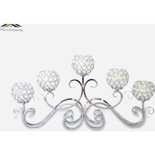 Metal Silver Plated Candle Holders 5-Arms With Crystals 70CMx33CM Stand Pillar Candlestick For Wedding Portavelas Candelabra