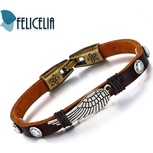 Felicelia New Arrival Feather Wing Design Men Bracelets Brown PU Leather Wrap Bracelet For Men Boys Casual Sporty Jewelry