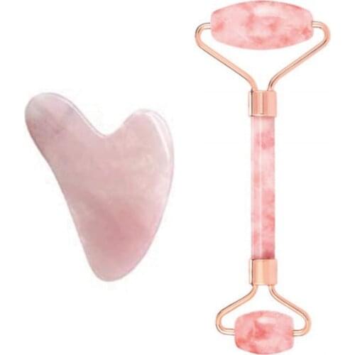 2021 New Season Hot Sale Rose Quartz Quartz Jade Heart Guasha Dual Set Natural Stone Scraper Face Neck Skin Wrinkle Remover