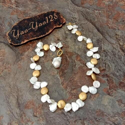 18'' top-drilled White Keshi PearlGold color Plated Coin Bead Necklace Keshi Pearl Pendant necklace for women