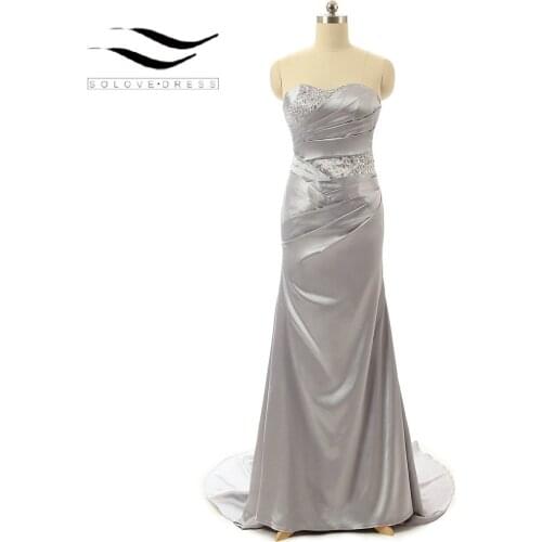 Solovedress Arrival Mermaid Court Train Floor-Length Stain Crystal Pleat Grey Mermaid Prom Dress Long vestido de festa (SL-P127)