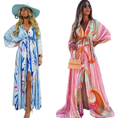 Elegant Deep V Neck Printing Hem Maxi Dresses Women Casual Button Elastic Waist Long Party Dress Summer Loose Slit Beach Dress