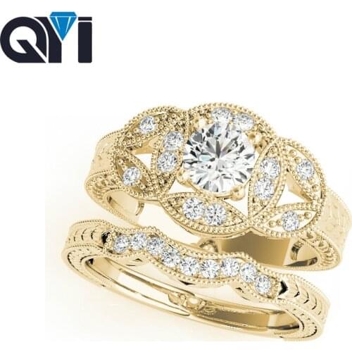 QYI 14K Solid Yellow Gold Antique Wedding Rings Sets Round Cut 0.5ct Sona Simulated Diamond Women 's Engagement Wedding Ring