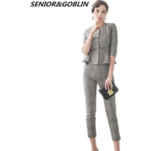 2019 Sexy Ruffles Two Piece Set Women Plaid Fashion Casual Tops Pants Slim 2 piece set Autumn Party Womans Suits Chic Gray