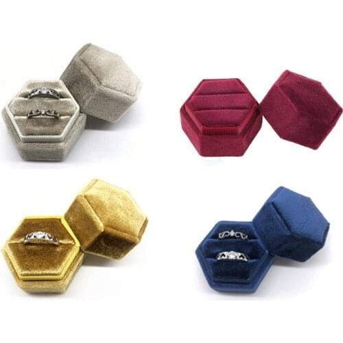 Hexagon Velvet Ring Box Double Ring Display Holder with Detachable Lid Ring Box Holder for Wedding Ceremony(Wine Red)