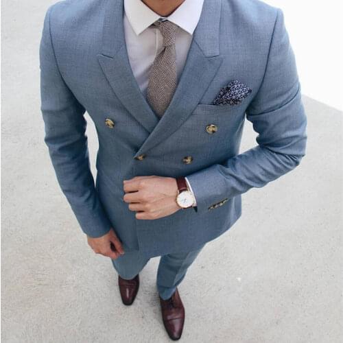 Blue Peaked Lapel Custom Made Double-breasted Wedding Men Suits Formal Tuxedos Prom Business Slim Fitted Men Clothing Set