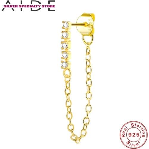 AIDE 1PCS Chain Stud Earring 925 Sterling Silver Earrings For Women Piercing Stud Earrings Zircon Fine Jewelry Pendientes Aretes