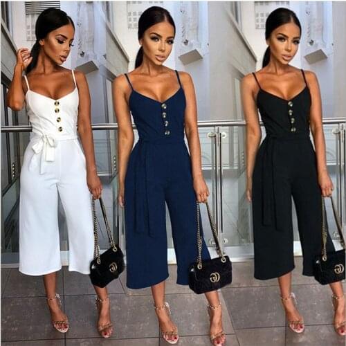 Leosoxs 2021 Summer New Womens Fashion Slash Neck Spaghetti Straps Backless Jumpsuits Solid Sexy Sleeveless Lace Up Button Lady