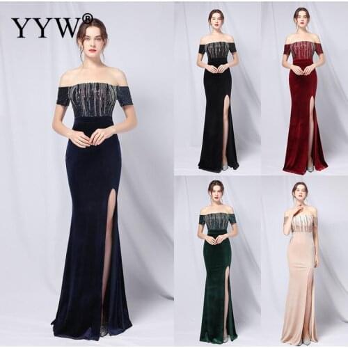 Off Shoulder Boat Neck Party Cocktail Dress Women Short Sleeve High Slit Evening Dresses Sequins Vestidos De Noche Night Gown