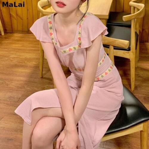 Pink Lolita Casual Midi Dress Vintage Female 2021 Summer Kawaii Sweet Y2k Dress Women High Waist Party Korean One Piece Dresses