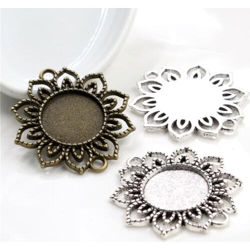 10pcs 18mm Inner Size Antique Bronze And Silver Plated Flower Connection Hollow Style Cabochon Base Cameo Setting Charms Pendant