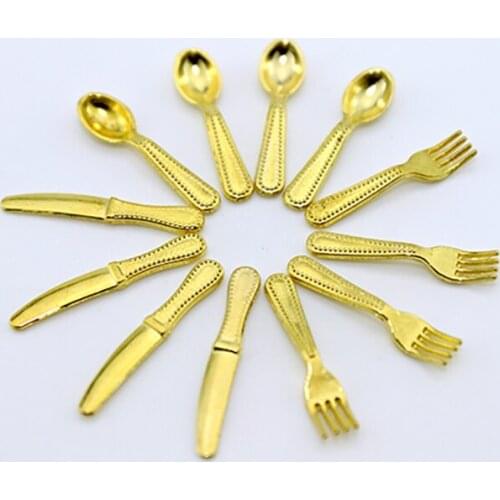 12Pcs 1/12 Doll House Miniature Alloy Knife Fork Spoon Simulation Tableware Model Toy Mini Decoration for Dollhouse Accessories