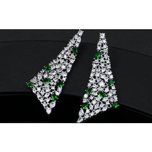 2019 Brand Unique Triangle Multi Cubic Zirconia Statement Large Long Drop Women Wedding Party Earrings with Green Crystal