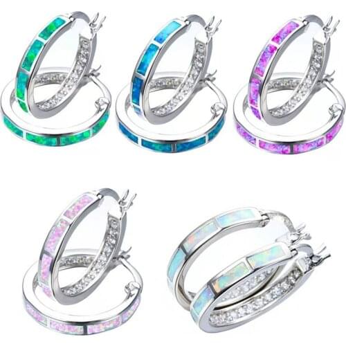 5 Colors Silver Color Large Circle Colorful Opal Inlaid White Crystal Rhinestone Zircon Hoop Earrings for Women Party Jewelry