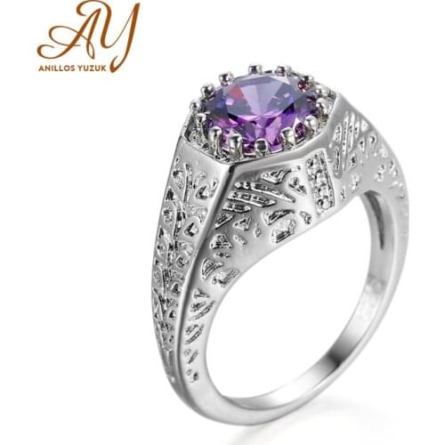Anillos Yuzuk Vintage 925 Silver Ring With Round Amthyst Gemstone Wedding Engagement Ring Finger Jewelry Size 6 7 8 9 10