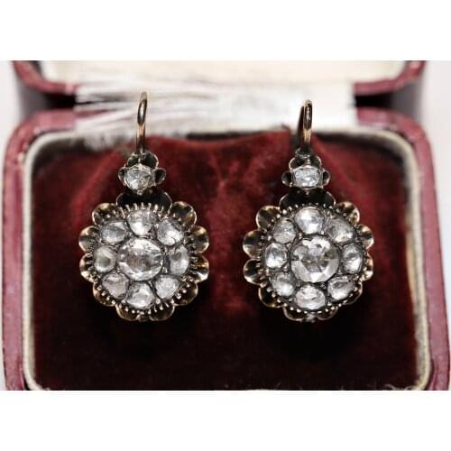 Antique Original 8k Gold Ottoman Natural Rose Cut Diamond Decorated Amazing Rose Earring