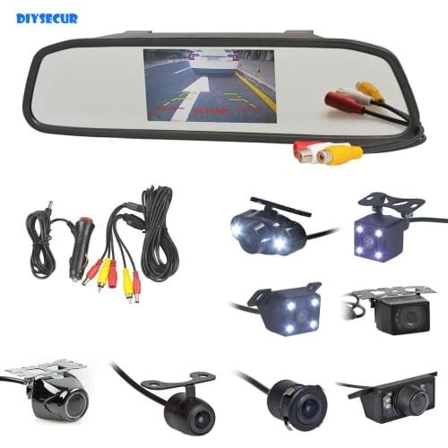DIYSECUR 4.3" Car Rearview Mirror Monitor Auto Parking Vedio + Backup Reverse Camera HD Car Rear View Camera free Car Charger