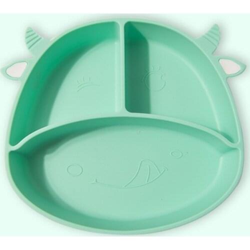 D0AF Food Grade Silicone Cartoon Cows Baby Divided Suction Bowl Learning Feeding Dish