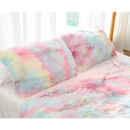 Fluffy Long Plush Pillowcase For Bed 50x70cm Tie Dye Rainbow Colorful Pillow Cover Winter Warm Soft Pillows Case Home Decoration