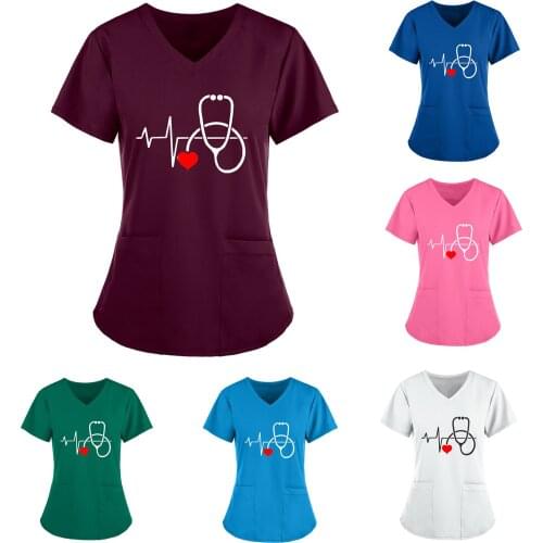 Women Heart Print Short Sleeve V-neck Tops Working Uniform Solid Color Pocket Nurse Uniform Медицинская Одежда